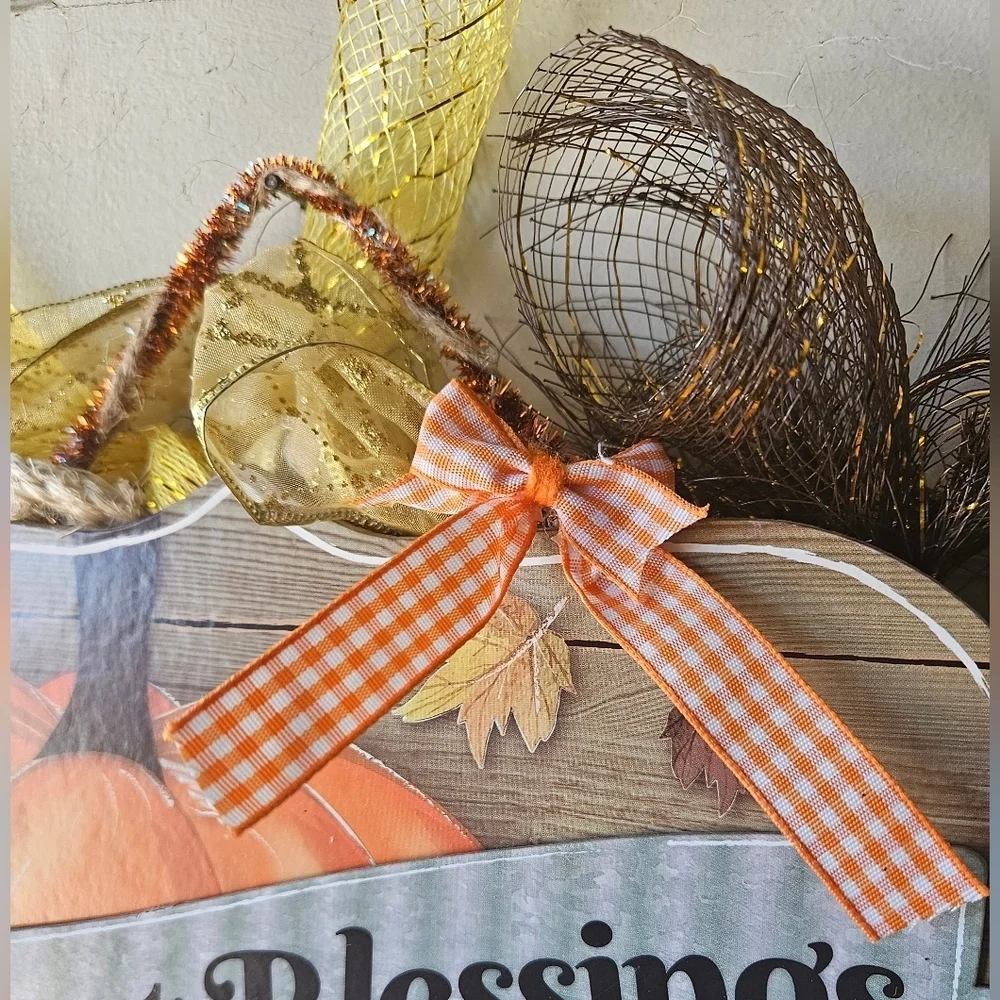 Hand Crafted handmade holiday wreath Harvest Blessings Gnome fabric plaid ribbon